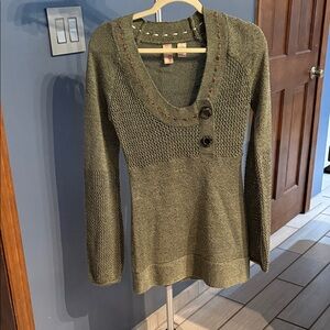 BKE Olive V-Neck Sweater with Button Detail